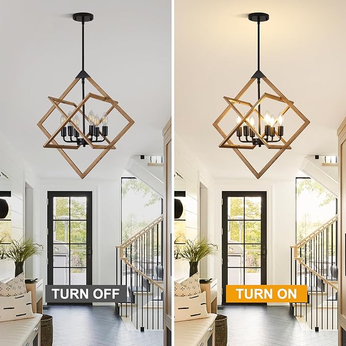 Modern Chandelier for Dining Room (24",6-Light), No Assembly Required Wood Grain Dining Room Light Fixture Over Table, Industrial Hanging Pendant Lights Fixture for Kitchen Island, Entryway, Foyer