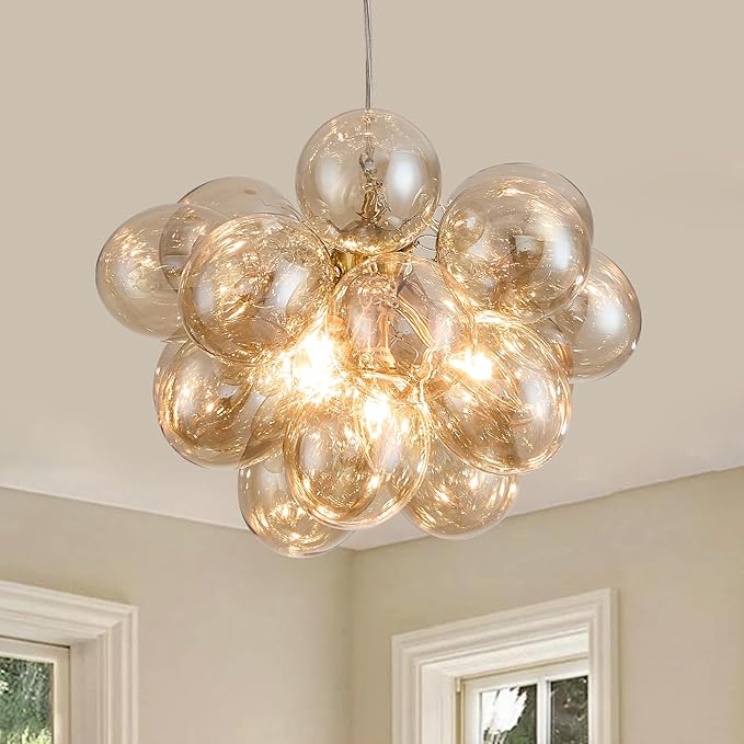 Surpars House Cognac Bubble Ball Chandelier, Modern Glass Ceiling Light, 4 Lights Pendant Lighting Fixture for Bedroom,Livinng Room,Dining Room