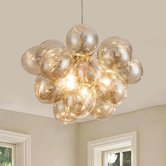 Surpars House Cognac Bubble Ball Chandelier, Modern Glass Ceiling Light, 4 Lights Pendant Lighting Fixture for Bedroom,Livinng Room,Dining Room