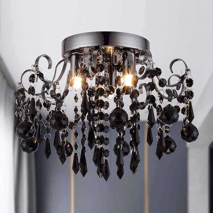 Q&S Crystal Ceiling Light Fixture Small Chandelier, Semi Ceiling Light Flush Mount, Mini Ceiling Fights for Bedroom, Aisle, Hallway, Closet,Entrance,Stairs,3 Lights E12