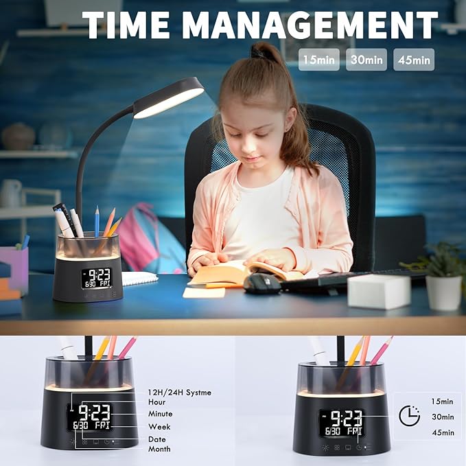 Led Desk Lamp with Pen Holder, Touch Lamps for Nightstand Eye-Caring Bedside Reading Light with Clock, Office Lamps Stepless Dimming, Lamp for Dorm Room, Suitable for Kid/Girl/Boy (Black)