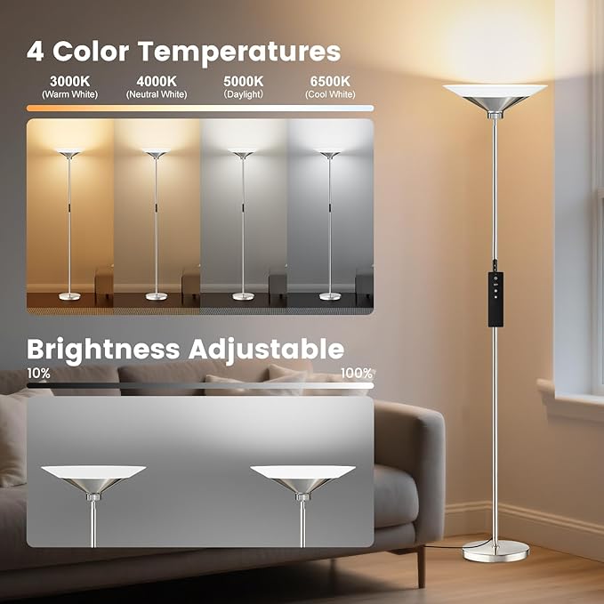 SIBRILLE Metallic Silver Torchiere Floor Lamp - 30W Dimmable LED Standing Lamp with Remote/Button Control, 1800Lm, 3000-6500K, 72in Tall Bright Pole Light for Living Room Bedroom Office Corner