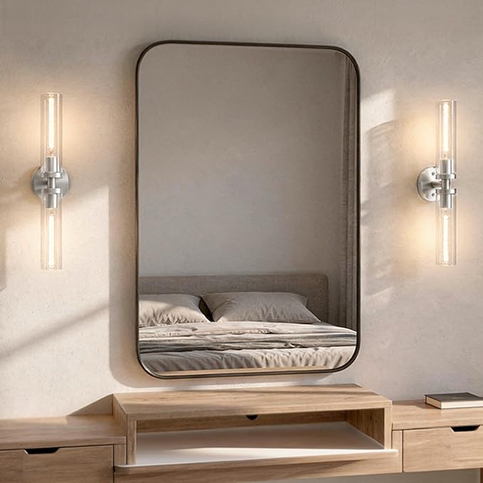 Wall Sconces 2-Pack, Hardwired Bathroom Light Fixtures, Modern Farmhouse Vanity Wall Lighting with Clear Glass Shades, E26 Base Wall Sconce Wall Lights for Bathroom Wall Decor, Brushed Nickel