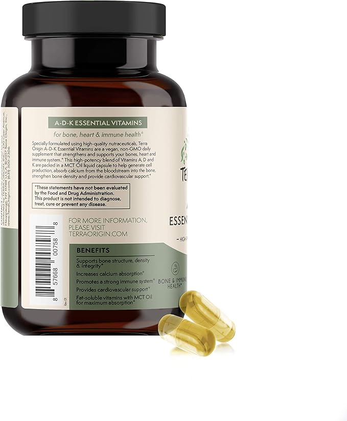 Complément vitaminique essentiel TERRA ORIGIN ADK | 60 capsules liquides | Vitamines A, D 5000 UI, K1 et K2 à haute puissance | Sans OGM, sans gluten, végétalien, fabriqué aux États-Unis