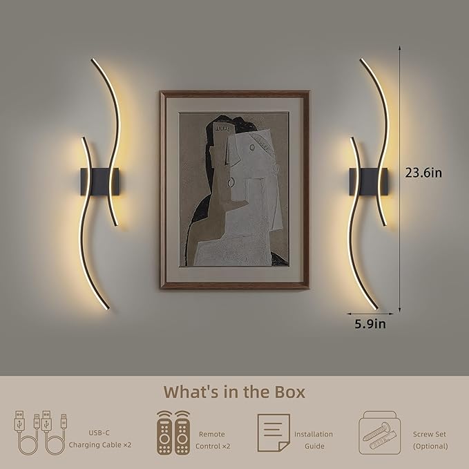 Battery Operated Wall Sconces Set of 2, Dimmable Modern LED Rechargeable Wall Light with Remote Control, Wall Decor for Living Room, Hallway, Quick Install, No Electrician Required