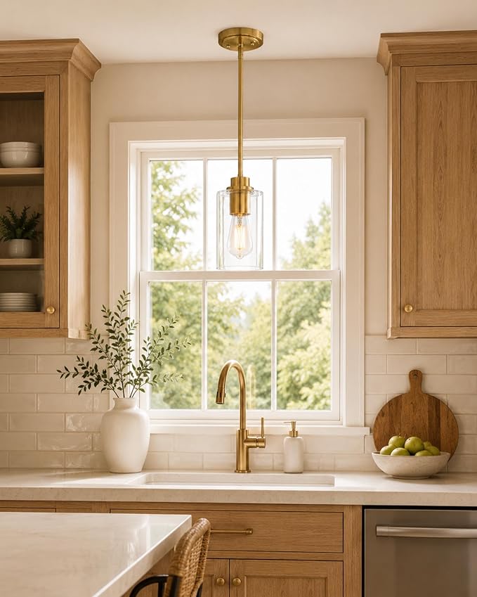 Brass Pendant Lights Kitchen Island 2 Pack, Farmhouse Gold Pendant Lighting with Clear Glass Shade, Mini Hanging Light Fixture for Kitchen Sink Dining, AD-22281-1P2-GD-C