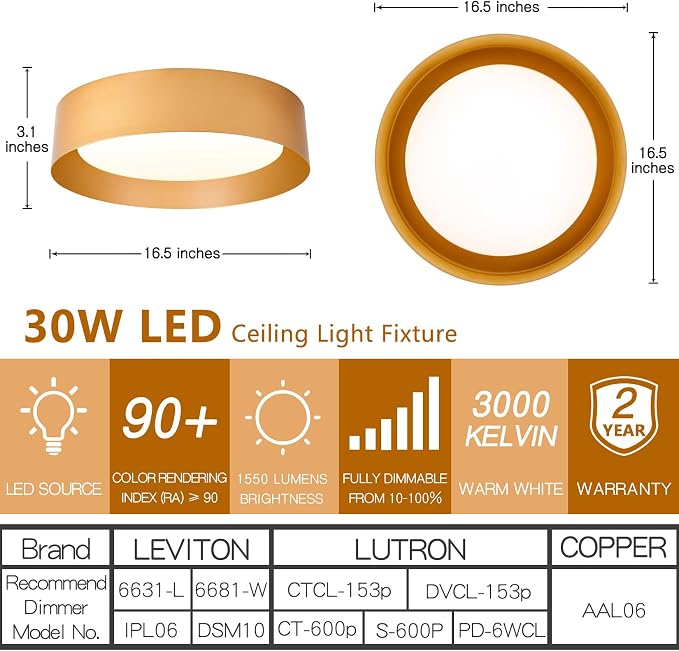 Bargeni 16.5" Gold Flush Mount Ceiling Light, LED Ceiling Fixture | 30W dimmable LED light with 3000K warm glow, ideal for living rooms, bedrooms, hallways and foyers