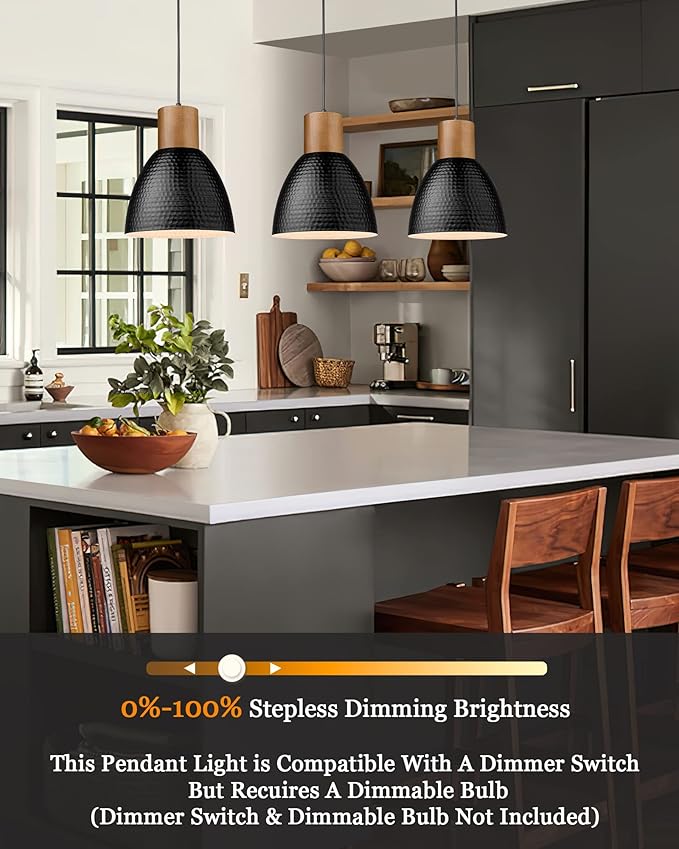 ELYONA 3 Pack Hammered Pendant Lights for Kitchen Island 7” Small Metal Solid Wood Hanging Light Fixtures Adjustable Height Farmhouse Pendant Lighting for Dining Room Bedroom Bar Office, Modern Black