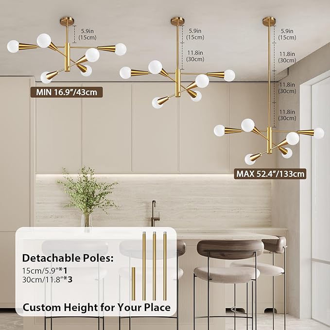 KAISITE Sputnik Chandelier Modern Gold Chandelier 6-Light E26 Mid Century Ceiling Light Fixture Height Adjustable Hanging Pendant Lighting for Dining Room Kitchen Island Bedroom Office