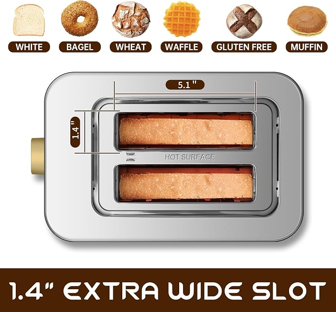 SEEDEEM Toaster 2 Slice, Touch Control Screen, Smart Stainless Toaster, 6 Shade Setting, 6 Bread Selection, Countdown, Removable Crumb Tray, 900W, Mint Green