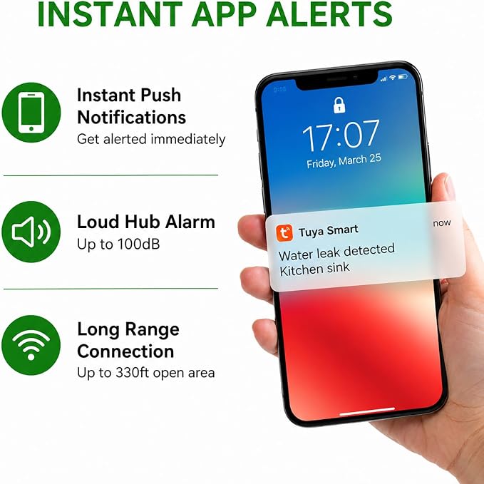 Water Leak Detector Kit with WiFi Hub & 3 Sensors, Smart Water Leak Alarm with App Alerts, 330ft Range, Zigbee Water Sensor for Basement, Kitchen, Bathroom, Washing Machine,White