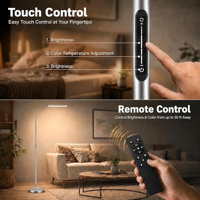 Wio-Mio 15w/1000lm Bright LED Floor Lamp with Stepless Adjustable 3000K-6000K Colors and Dimmer, Remote and Touch Control Reading Lamp, Adjustable Gooseneck Floor Lamp for Living Room