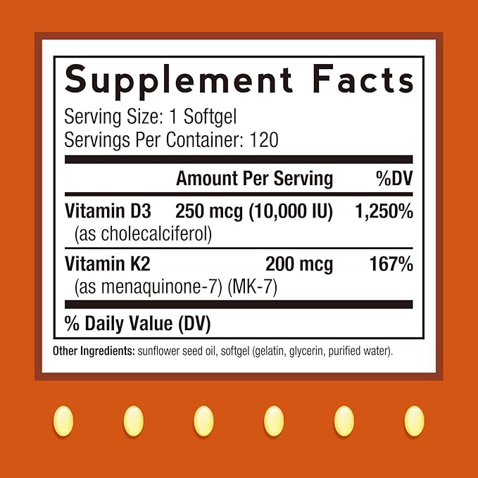 Doctor's Recipes Vitamin D3 K2, 10,000 IU, 200 mcg, MK-7, Strong Bone Density, Teeth, Immune, Heart Support, Energy, Calcium Absorption, No Soy & Gluten, Non-GMO, 120 Softgels