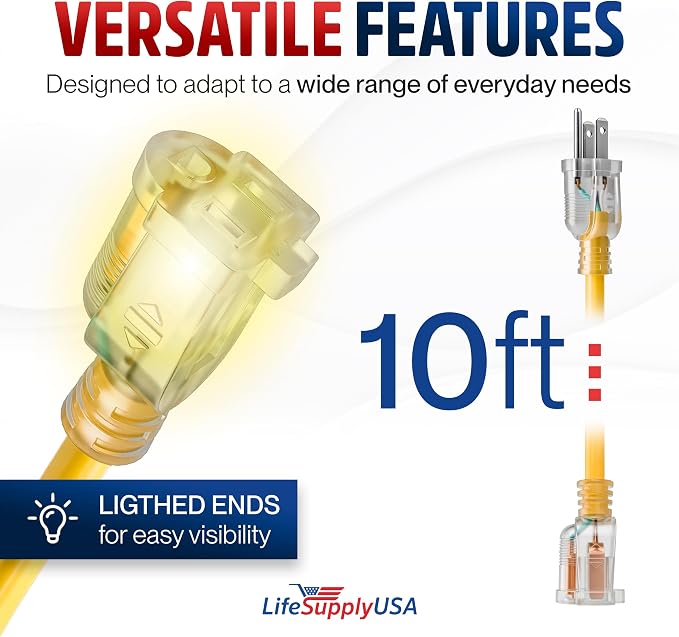 10ft Outdoor/Indoor Extension Cord 14/3 Gauge Heavy Duty 3 Prong SJTW, Waterproof, Flexible Cold-Resistant Long Power Cord,15A 125V 1875W, Yellow by LifeSupplyUSA