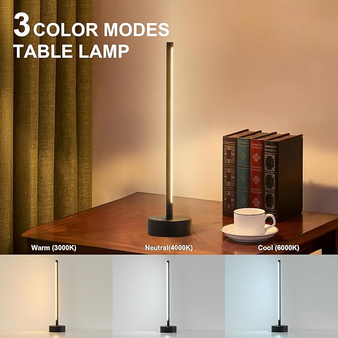 KARTOOSH Cordless LED Table Lamp, Battery Operated Portable Desk Lamp,Dimmable/3 Color/Memory Function,Modern Rechargeable Table Light for Living Room,Bedroom,Bedside,Black