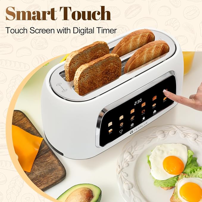 Tesslux 4 Slice Toaster with Touch Screen Control, 1.5" Wide Long Slots, 6 Browning Levels & 6 Bread Types, Digital Timer, Memory, Defrost, Reheat (White, 4 Slice)