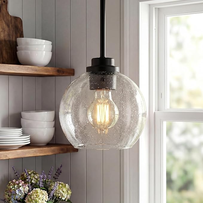 2-Pack Pendant Lights Kitchen Island, 7" Modern Black Hanging Lights Fixtures with Clear Seeded Glass Globe Shade, Kitchen Island Lighting for Bathroom, AD-22280-1P2-BK-S