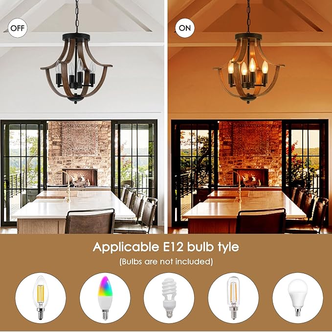 LAMPKEDUO Farmhouse Hanging Pendant Lighting, 4-Light Rustic Flush Mount Ceiling Light Fixture,Modern Faux Wood Vintage Chandelier for Dining Room Kitchen Island Foyer Hallway Entryway Bedroom