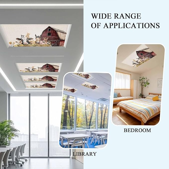 4 Pack Magnetic Fluorescent Light Covers, Farm Barn Horse Sheep Cat Animal Country Retro Linen Background Magnetic Light Covers for Ceiling Lights Classroom Office Home Decor