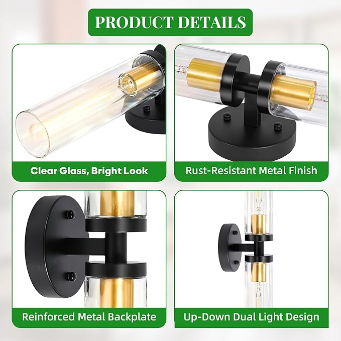 Black and Gold Wall Sconces Set of 2, Hardwired Bathroom Light Fixtures, Modern Bathroom Vanity Wall Lighting with Clear Glass Shade, Farmhouse Wall Sconce for Mirror Bedroom Hallway, E26 Base