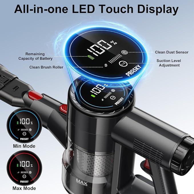 Cordless Vacuum Cleaner, 45KPA Powerful Stick Vacuum with LED Display Design, Tangle-Free Brush, Self-Standing, HEPA Filter, for Pet Hair, Carpet, Hardwood - Black
