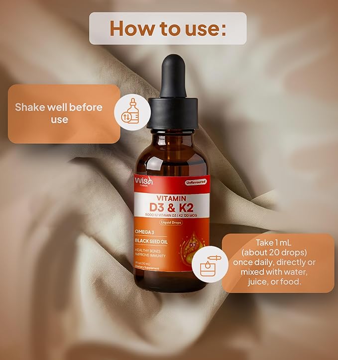 Gouttes liquides de Vitamine D3 K2, Pack de 2 Gouttes de Vitamine D avec Oméga 3, 5000 UI D3, 120mcg K2, pour le Soutien Immunitaire et la Santé des Os Huile de Nigelle & MCT Bio, Multivitamine Liquide pour Femmes et Hommes