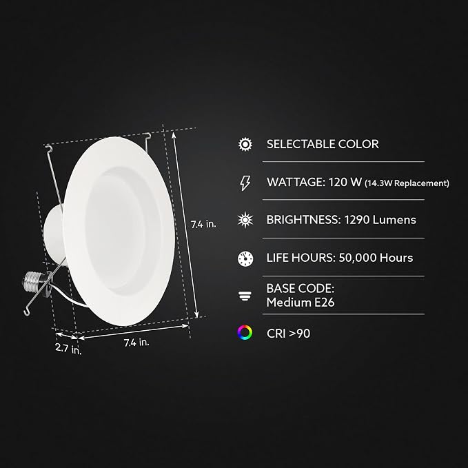 Feit Electric 5/6 Inch LED Recessed Downlight, Adjustable White 2700K–5000K, Adjustable Brightness 850/1025/1290 Lumens, Dimmable Retrofit Kit, 90+ CRI, E26 Adapter Included, LEDR56HO/6WYCA/6, 6 Pack