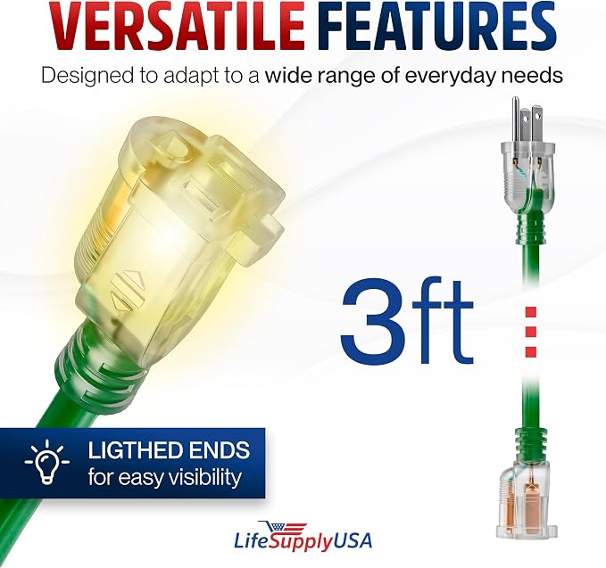 3ft Outdoor/Indoor Extension Cord 10/3 Gauge Ultra Heavy Duty 3 Prong SJTW, Waterproof, Flexible Cold-Resistant Long Power Cord,15A 125V 1875W, Green by LifeSupplyUSA