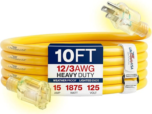 10ft Outdoor/Indoor Extension Cord 12/3 Gauge Extra Heavy Duty 3 Prong SJTW, Waterproof, Flexible Cold-Resistant Long Power Cord,15A 125V 1875W, Yellow by LifeSupplyUSA