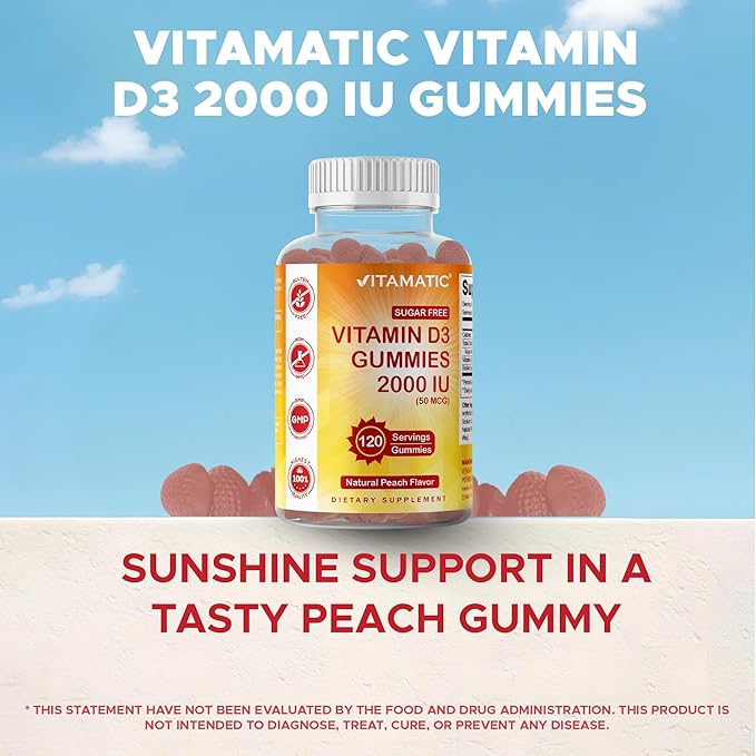 Vitamatic シュガーフリー ビタミンD3 2000 IU - 120 ペクチンベースグミ - 美味しい - 健康な骨、気分、免疫システム機能 - 非遺伝子組み換え - 120回分