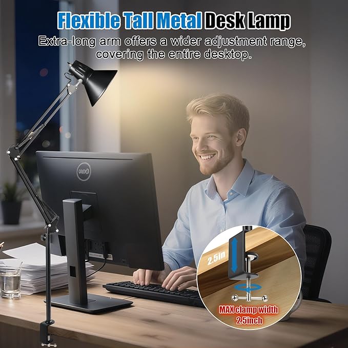 LED Clamp on Desk Lamp,360°Adjustable Swing Arm Desk Lamp,Clamp Light with Eye-Caring LED Bulb for Home Office Reading Drafting