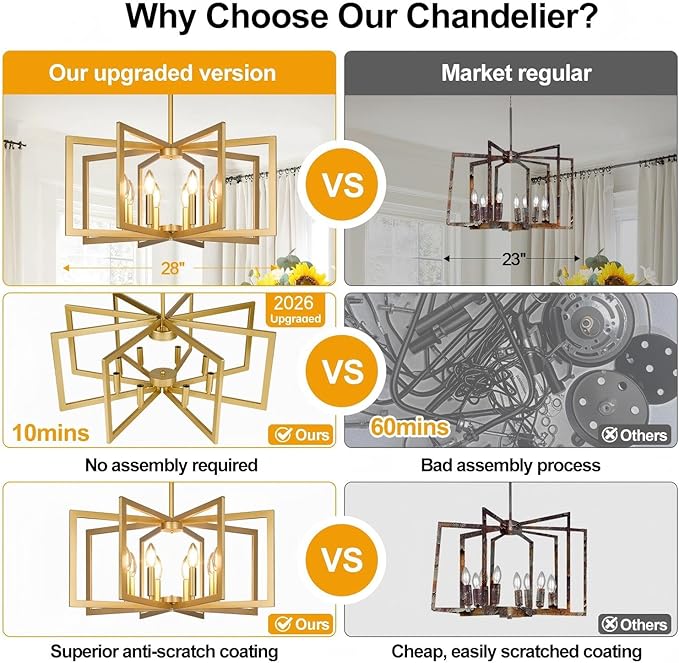 Lynnoland 25"-61" Height Adjustable Modern Gold Chandelier for Dining Room, No Assembly Required Gold Dining Room Light Fixture Over Table, Industrial Metal Pendant Lights Fixture for Kitchen Island