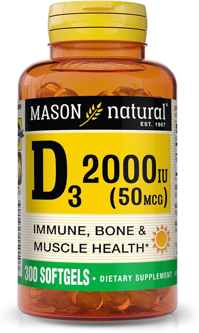MASON NATURAL Vitamine D3 2 000 UI Ultra Résistance, Favorise la Densité Osseuse, la Force et la Santé Immunitaire, 300 Gélules