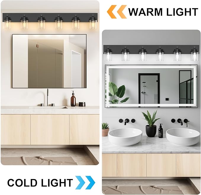 IZORRO Bathroom Vanity Light Fixture, 6-Light 46 Inch Matte Black Bathroom Light Fixtures Over Mirror, with Clear Glass Shade, Modern Farmhouse Vanity Lights, Rustic Restroom Lighting Fixtures