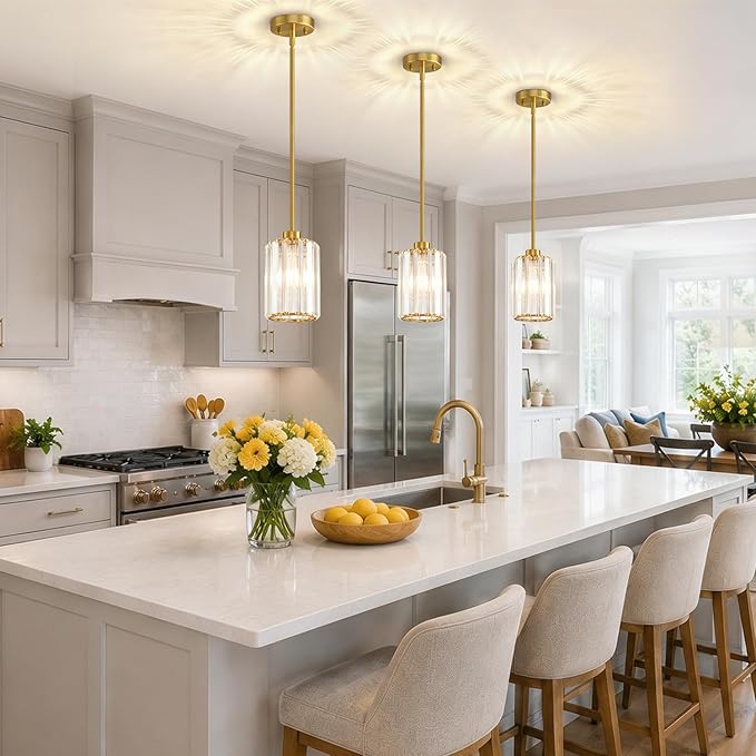 1 Pack Brushed Gold Pendant Lights Kitchen Island, Modern Crystal Chandelier Kitchen Pendant Lighting Over Island, Adjustable Hanging Mini Light Fixtures for Dining Room Hallway Corridor Bedroom