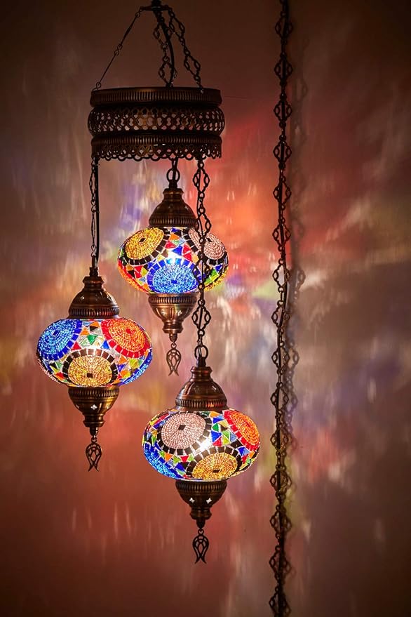 DEMMEX Plug-in Turkish Hanging Lamp, Handmade Moroccan Mosaic Chandelier Pendant Light Fixture with 15-ft Cord & Chain, Decorative Ceiling Lamp for Living Room, Bedroom, 3 Large 7'' Globes, 3.5 ft.
