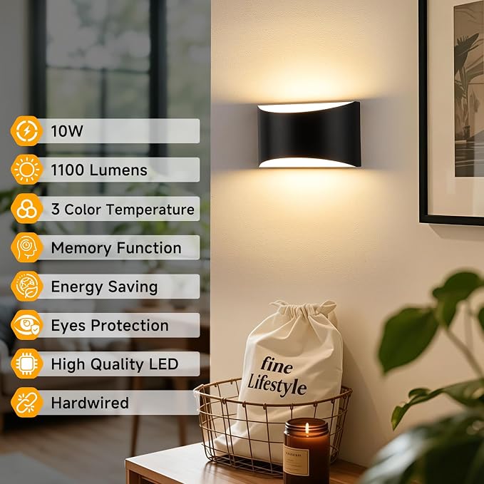 MATAMEYE Modern LED Wall Sconce Set of 2, Matte Black Indoor Wall Lighting Fixture with 3 Colors Temperatures, 10W Up/Down Hardwired Wall Mount Lamp for Bedroom Living Room Hallway
