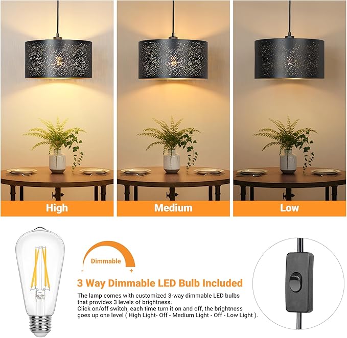 Qingmiao Plug in Pendant Light, Hanging Lamp Plug in with LED Bulb, 3-Way Dimmable Hanging Light Fixture for Living Room Bedroom Kitchen Ceiling Farmhouse Home Decor