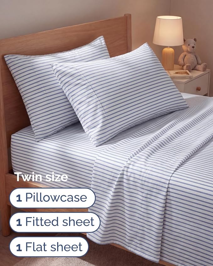 Twin 4 Piece Sheet Set - Comfy Breathable & Cooling - Soft Hotel Luxury Bedding Set with 8-16 Inch Deep Pockets - 1 Flat & 1 Fitted Sheet & 2 Pillowcases - Wrinkle Free & Easy Care - Blue Stripes 2