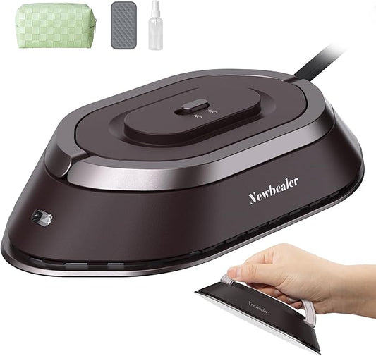Newbealer Travel Iron Set, 100-240V Mini Dry Iron for Clothes (No Steam) | Max 300W, Heats in 60s, 302℉ Ceramic Soleplate, Handy Heat Press, 0.8lbs Lightweight for Quick Touch-ups Worldwide (Brown)
