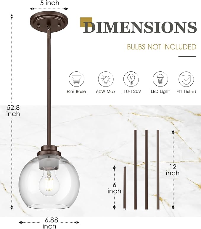 Pendant Lights Kitchen Island, 7" Oil Rubbed Bronze Hanging Lights Fixtures with Clear Glass Globe Shade, Modern Kitchen Island Lighting for Bathroom, AD-22280-1P-ORB