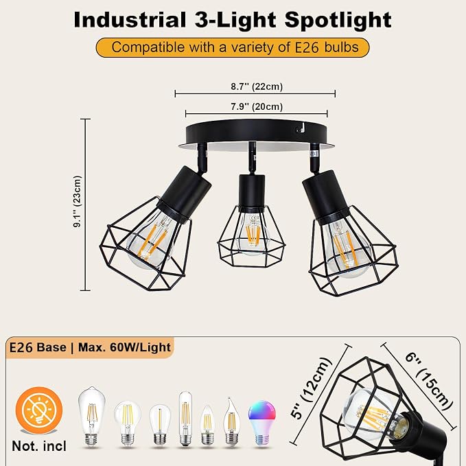HiBay LED Track Lighting Fixtures, 3-Light Adjustable Directional Ceiling Light, Black Geometric Metal Cage Industrial Spotlight Indoor for Kitchen, Dining, Bedroom, E26 Base (Bulbs Not Included)