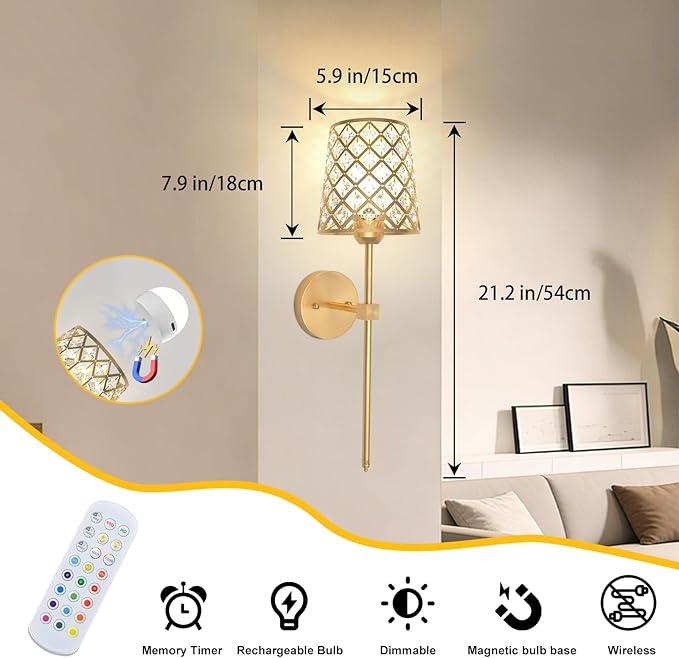 Crystal Battery Operated Wall Sconces Set of 2, Gold Rechargeable Wireless Wall Sconce Lights for Home Decor, Dimmable 12 RGB and 3CCT Wall Lamps with Remote for Living Room Bedroom Hallway