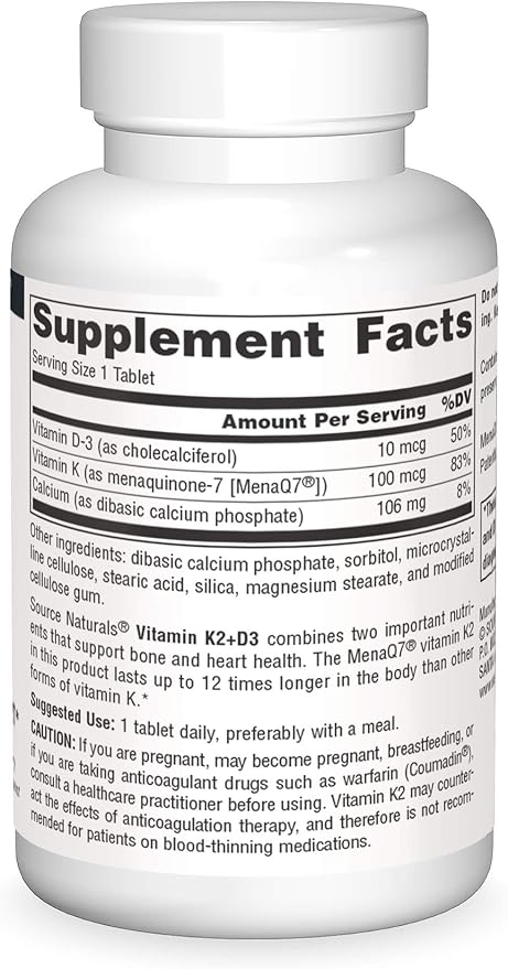 Source Naturals Complexe Vitamine K2 + D3 Santé des Os et du Cœur - 400 UI Vitamine D3 & 100 mcg Vitamine K2 (MK-7) avec Calcium - 60 Comprimés