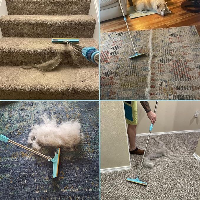 Uproot Cleaner Xtra Pet Hair Removal Tool: Reusable Carpet Rake with Telescopic 60" Handle - As Powerful as Uproot Cleaner Pro Pet Hair Remover, but Made for Carpets, Curtains - Don't Bend Don't Kneel