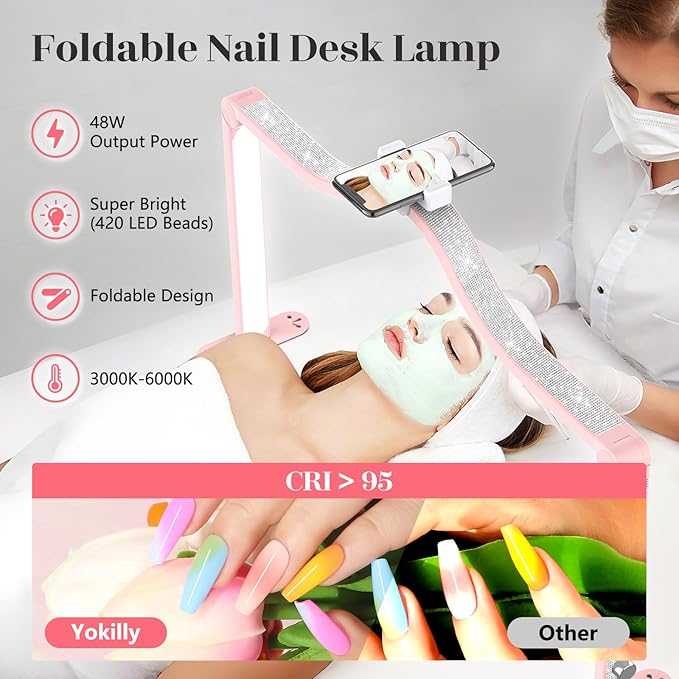 Yokilly Arc Half Moon Light: 34" Shadow-Free Half Moon Light for Desk Salon - Foldable LED Desk Lamp with Stepless Brightness for Manicurist (Pink)