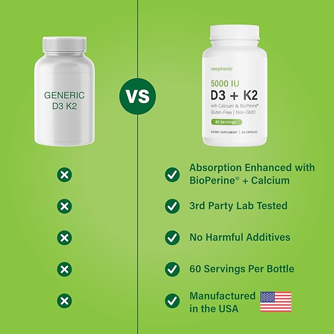 Vitamine D3 K2 Noophoric 5000 UI, D3 avec K2 MK7, Capsules de Vitamine D3 K2 avec Calcium et BioPerine, Sans OGM, Sans Gluten, Sans Soja, 60 Capsules