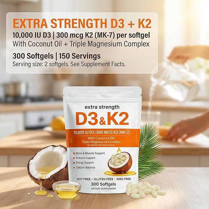 Vitamin D3 K2 Magnesium Complex, Extra Strength D3 & K2 with Triple Magnesium Softgels, D3 K2 Vitamin 10000 IU Softgels(1)