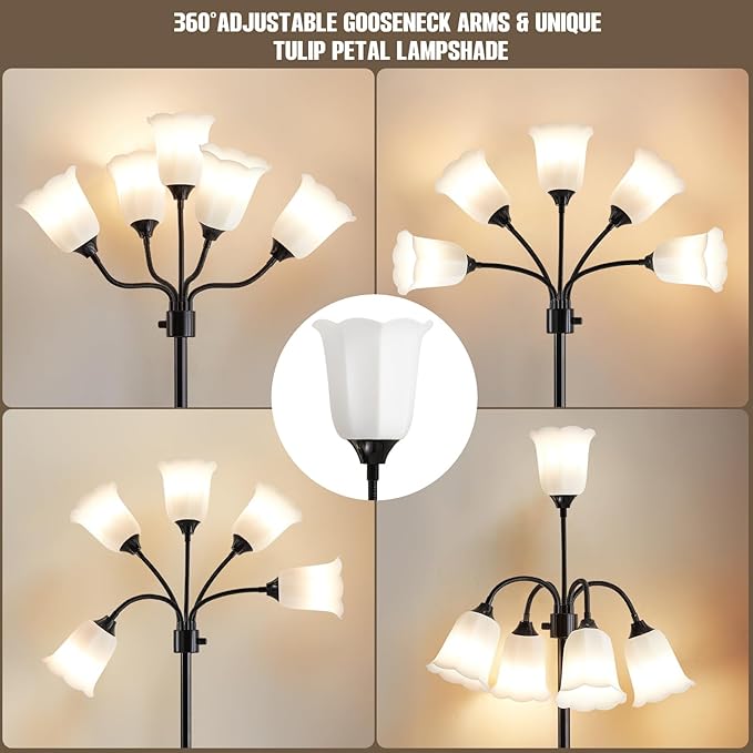 GyroVu Medusa LED Floor Lamp, Multi Head Modern Tall Lamp with Adjustable Gooseneck Standing Lamps for Living Room Bedroom Kids Room Office 5 White Lampshades Bulb Not Included(Black)