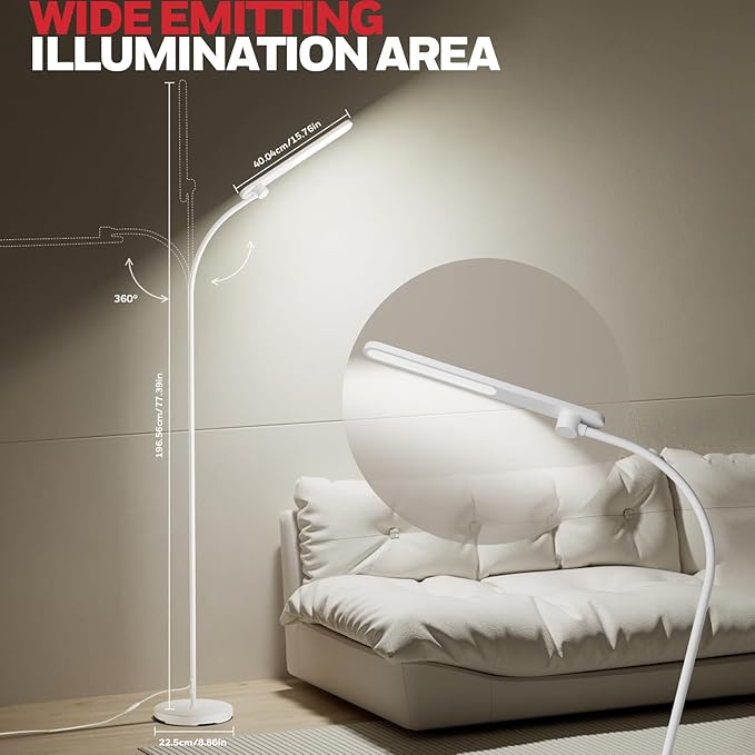 Honeywell LED Floor Lamp for Reading, CRI97 Full Spectrum Gooseneck Floor Lamp with Remote, Eye-Caring Dimmable Standing Task Light, 3 Color Temperatures, 77.5" Tall for Living Room Bedroom Office